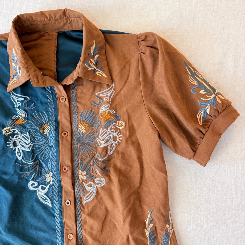 Embroidered Western Blouse Small Brown Teal Puff Sleeve Boho Cowgirl Shirt - Picture 8 of 13